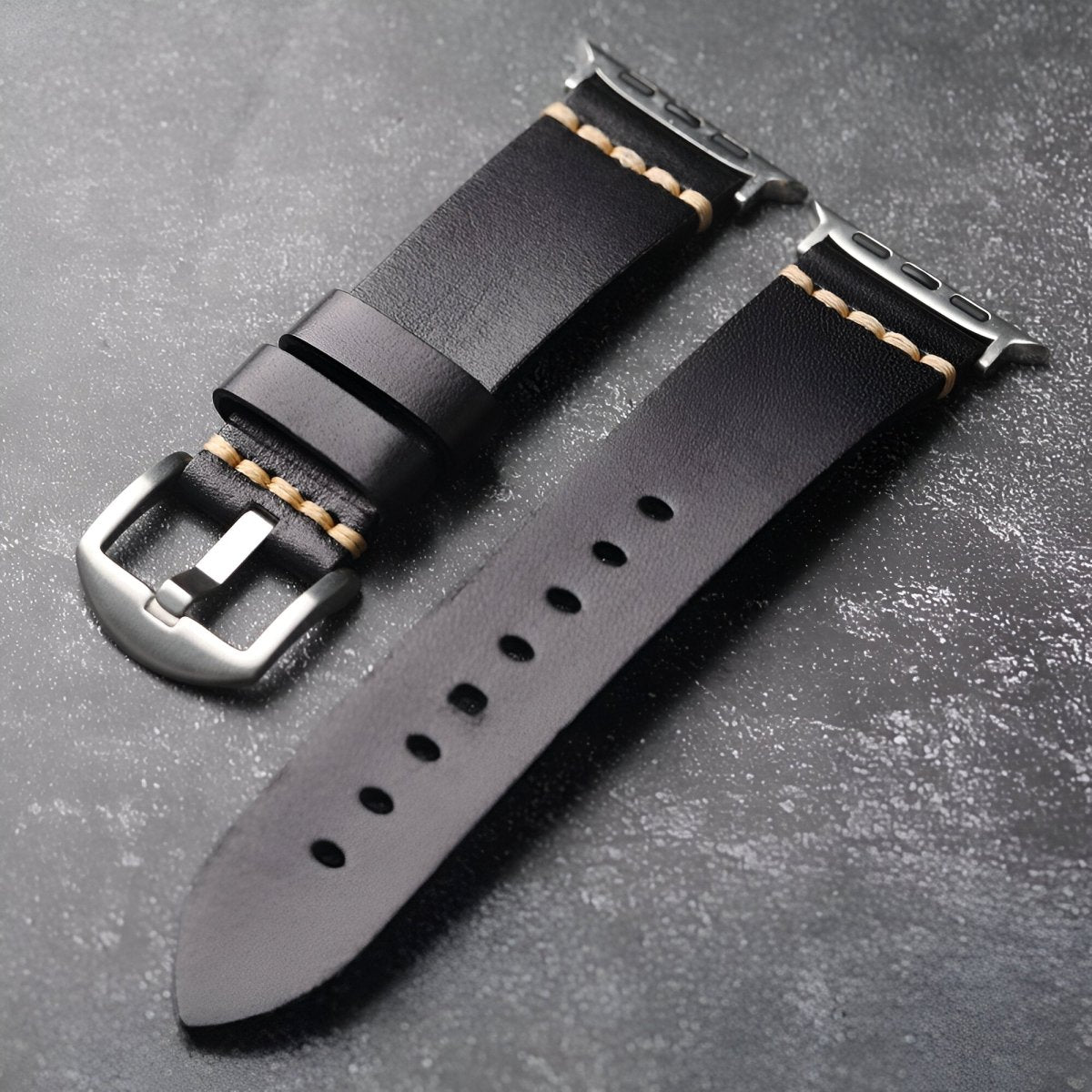 Bracelet pour Apple Watch en cuir, à l'aspect lisse, modèle Védran - Bracelet Apple Watch - Noir et argent 40/41 mm