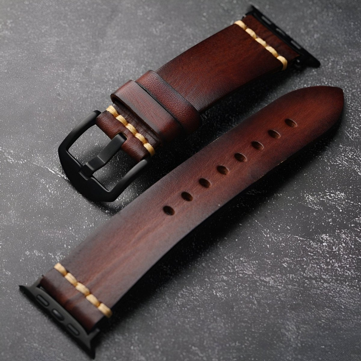 Bracelet pour Apple Watch en cuir, à l'aspect lisse, modèle Védran - Bracelet Apple Watch - Marron et noir 40/41 mm