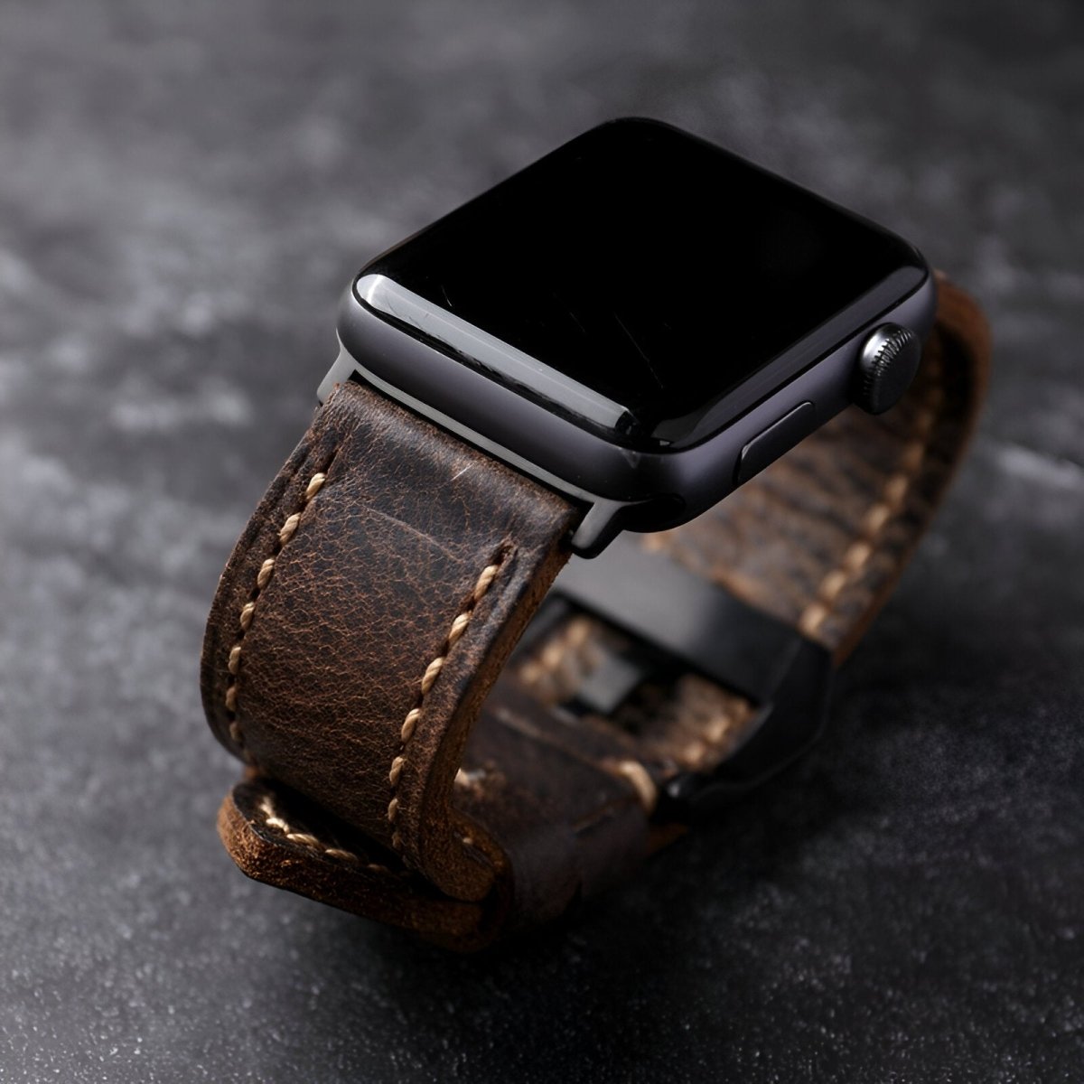 Bracelet pour Apple Watch en cuir, à l'aspect rétro, modèle Vital - Bracelet Apple Watch - Café et noir 42/44/45 mm