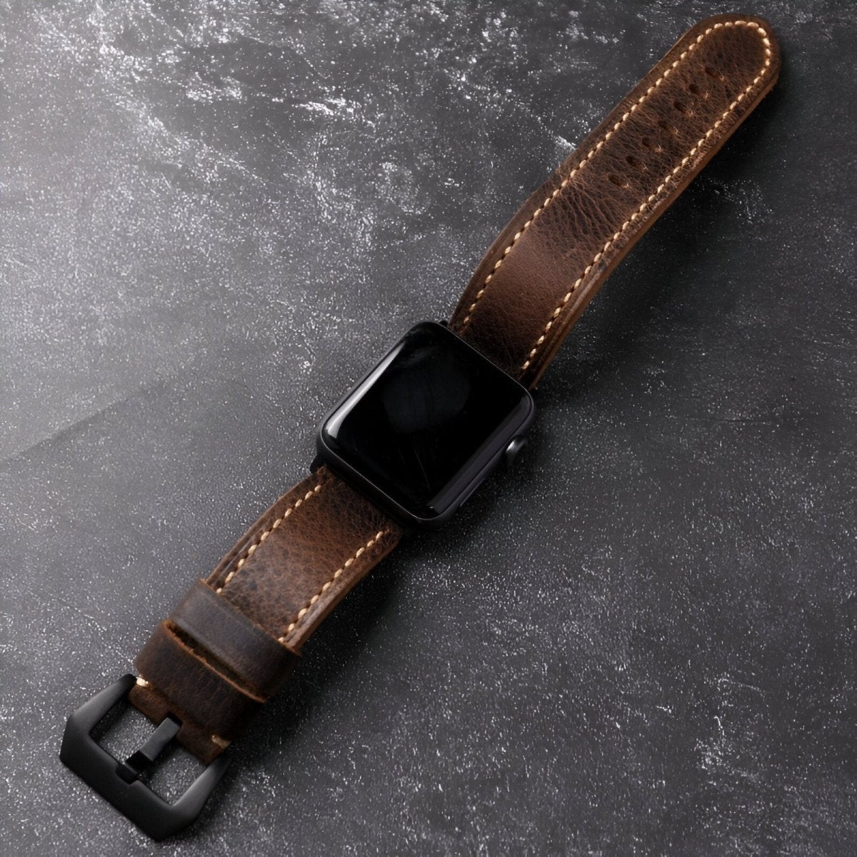 Bracelet pour Apple Watch en cuir, à l'aspect rétro, modèle Vital - Bracelet Apple Watch - Café et noir 42/44/45 mm