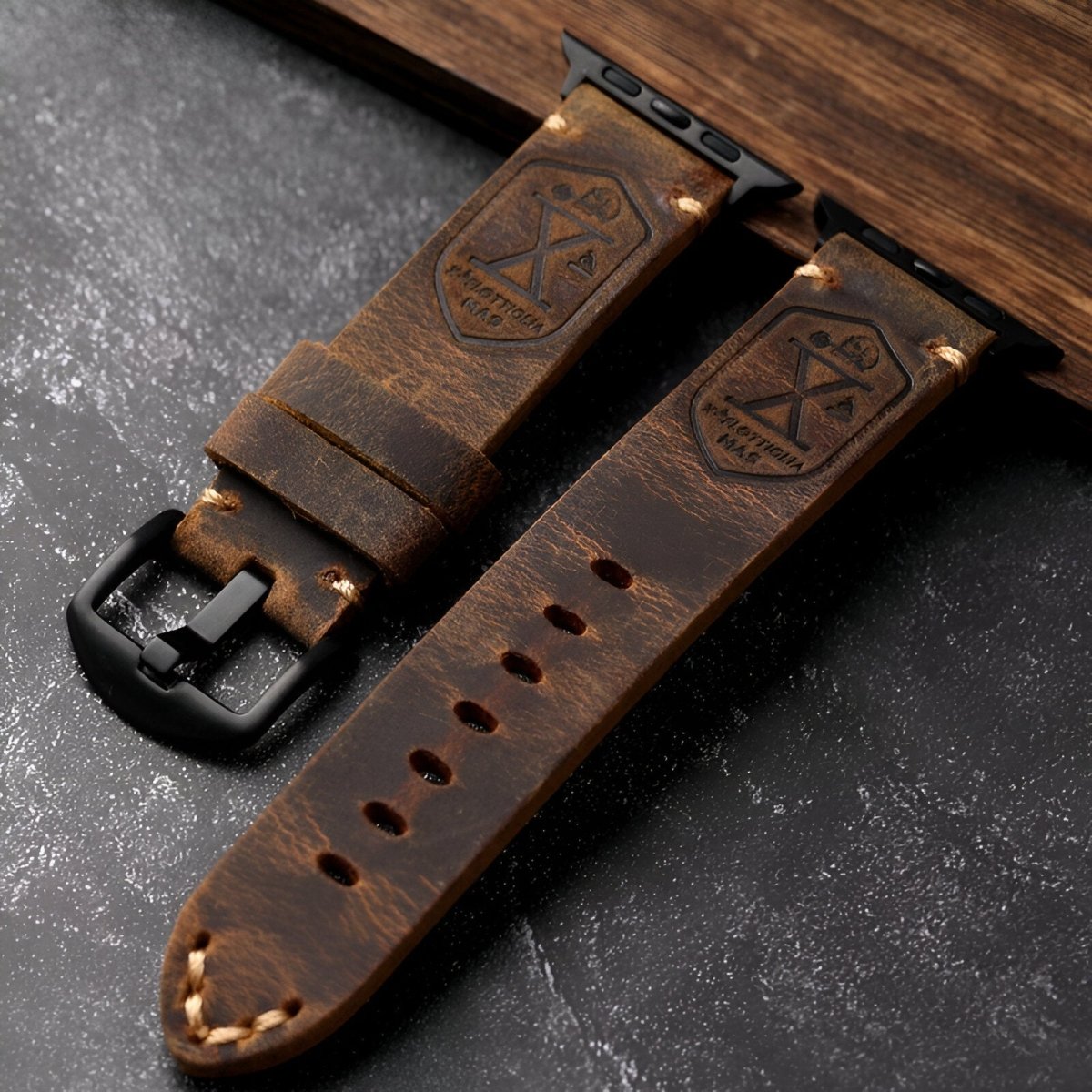 Bracelet pour Apple Watch en cuir, à l'aspect vieillit, modèle Melchior - Bracelet Apple Watch - Marron et noir 40/41 mm