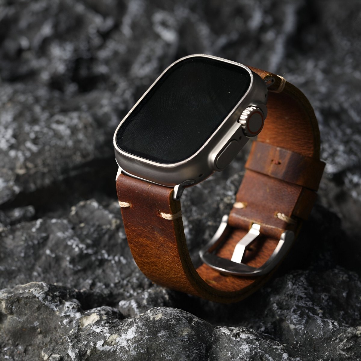 Bracelet pour Apple Watch en cuir, au look terreux, modèle Placide - Bracelet Apple Watch - Marron et argent 42/44/45 mm