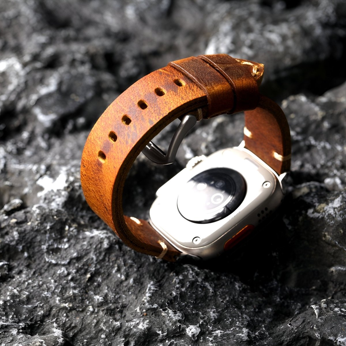 Bracelet pour Apple Watch en cuir, au look terreux, modèle Placide - Bracelet Apple Watch - Marron et argent 42/44/45 mm