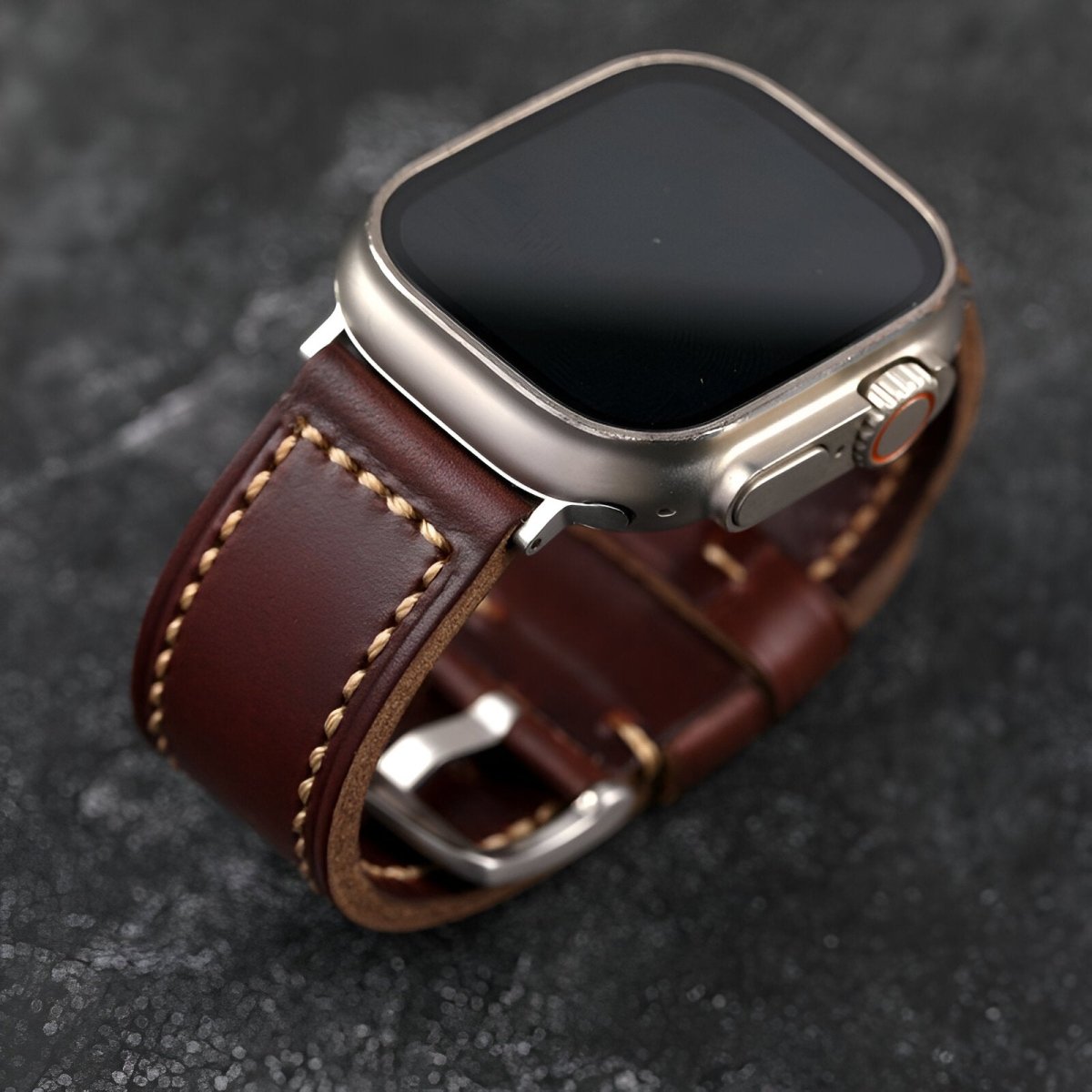 Bracelet pour Apple Watch en cuir, aux coutures apparentes, modèle Modeste - Bracelet Apple Watch - Café et argent 40/41 mm