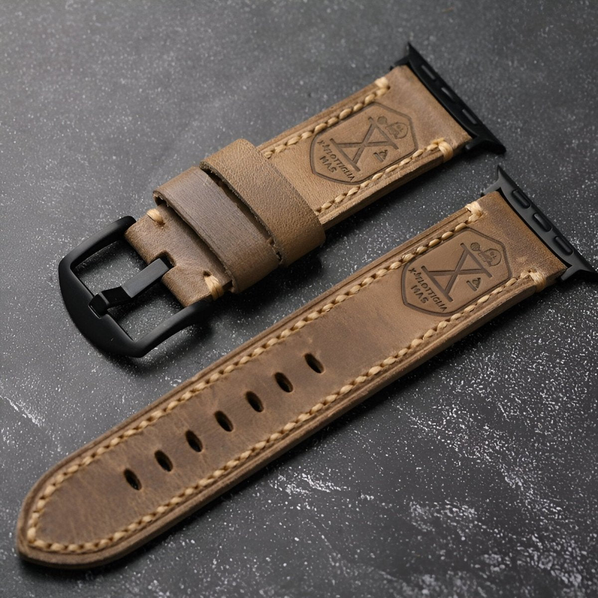 Bracelet pour Apple Watch en cuir, aux coutures apparentes, modèle Philémon - Bracelet Apple Watch - Marron et noir 40/41 mm