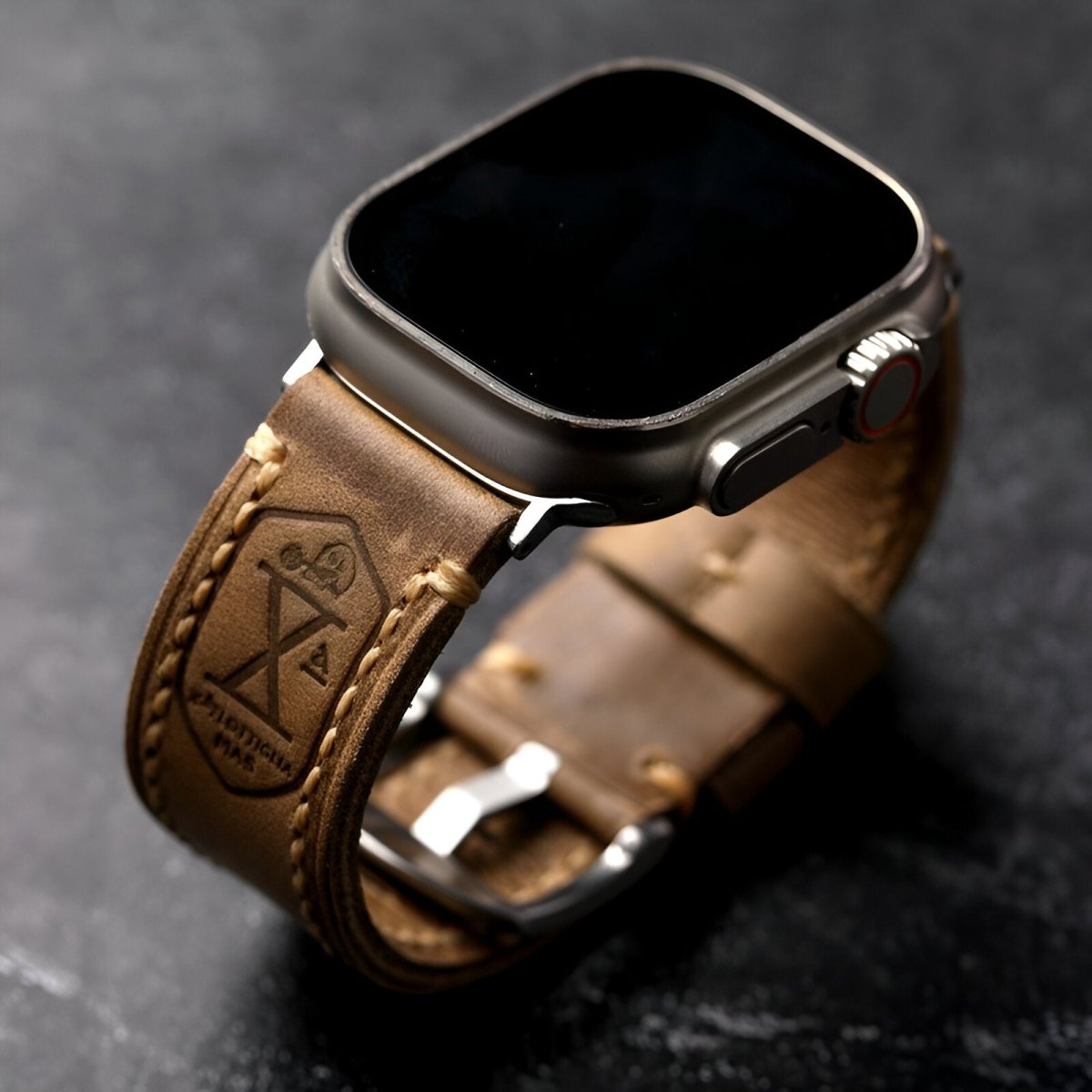 Bracelet pour Apple Watch en cuir, aux coutures apparentes, modèle Philémon - Bracelet Apple Watch - Marron et argent 40/41 mm