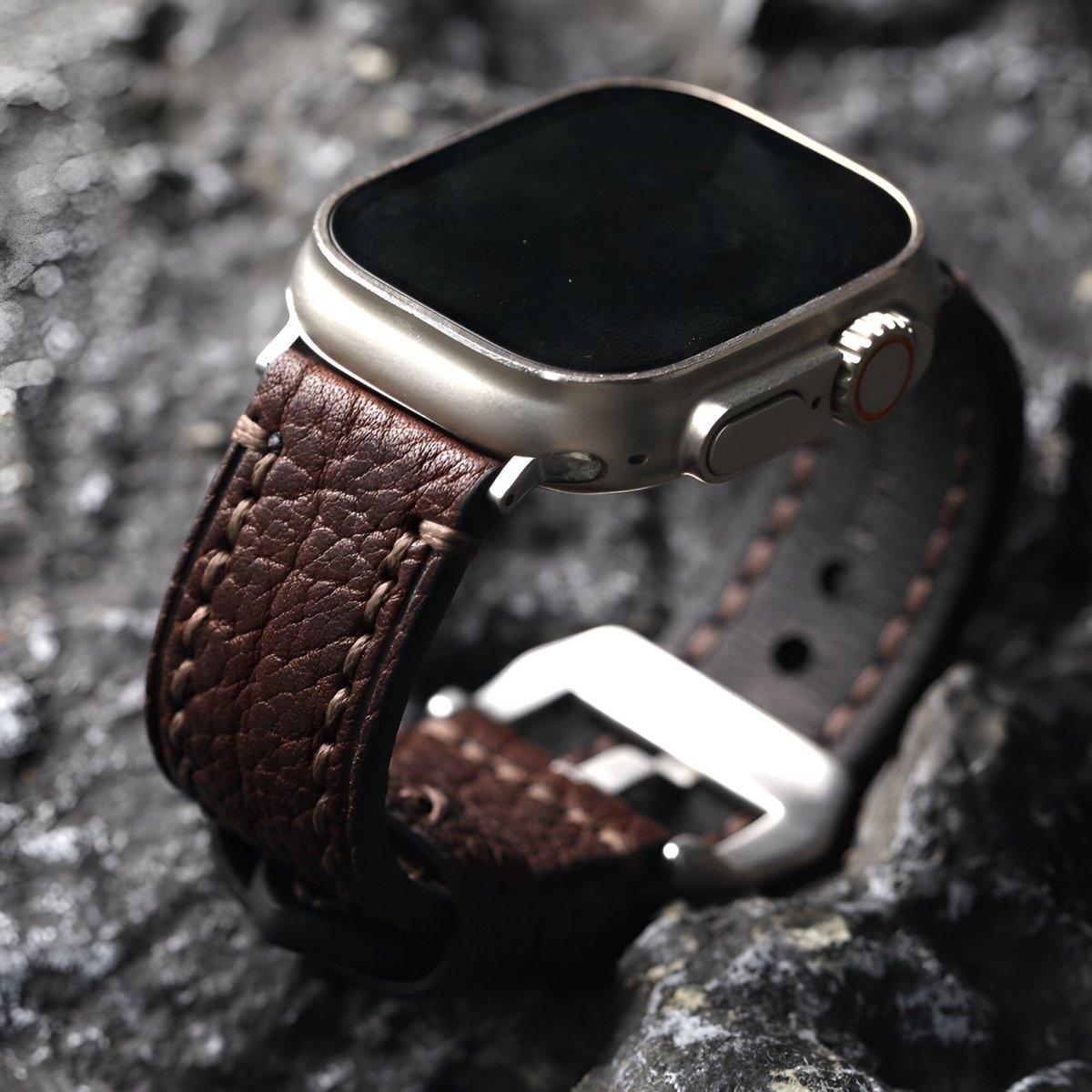 Bracelet pour Apple Watch en cuir de bison, modèle Blandin - Bracelet Apple Watch - Marron et argent 40/41 mm