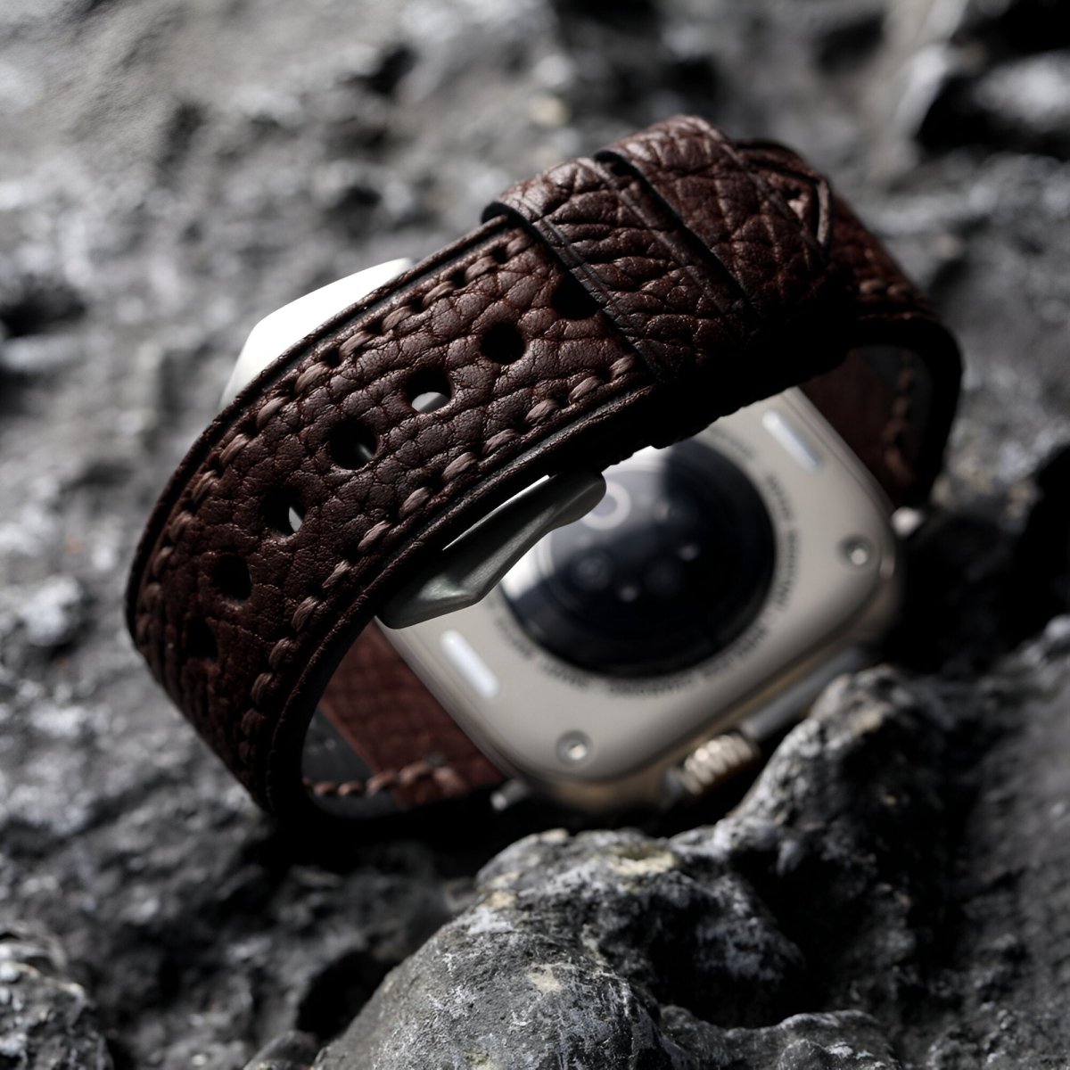 Bracelet pour Apple Watch en cuir de bison, modèle Blandin - Bracelet Apple Watch - Marron et argent 40/41 mm