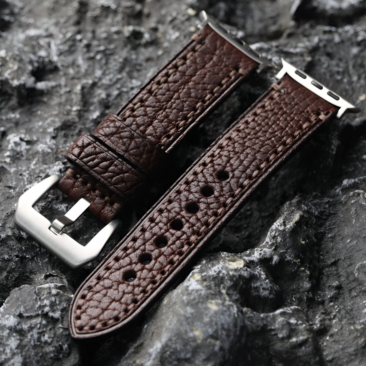 Bracelet pour Apple Watch en cuir de bison, modèle Blandin - Bracelet Apple Watch - Marron et argent 40/41 mm