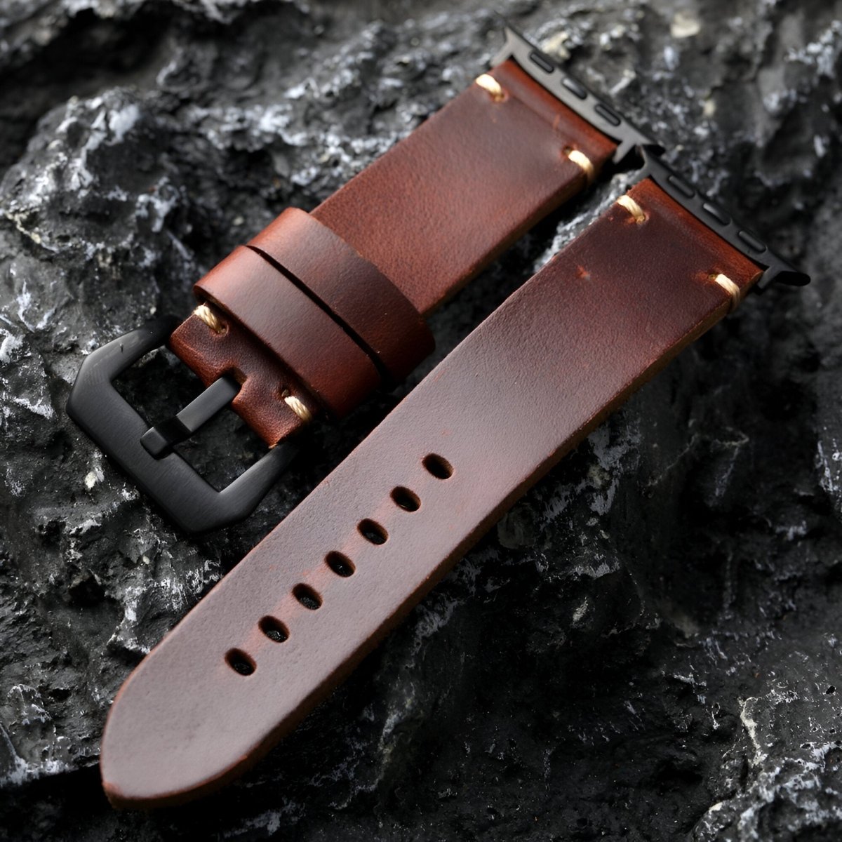 Bracelet pour Apple Watch en cuir, pour l'homme moderne, modèle Noré - Bracelet Apple Watch - Café et noir 42/44/45 mm