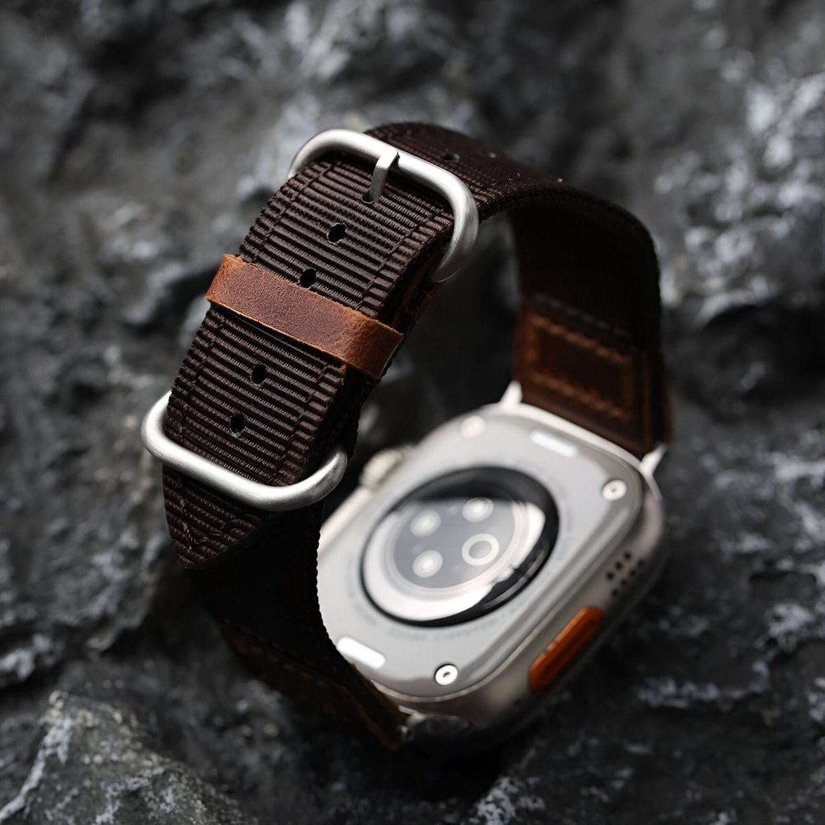 Bracelet pour Apple Watch en cuir, revêtu de nylon, modèle Marceau - Bracelet Apple Watch - Marron et argent 40/41 mm