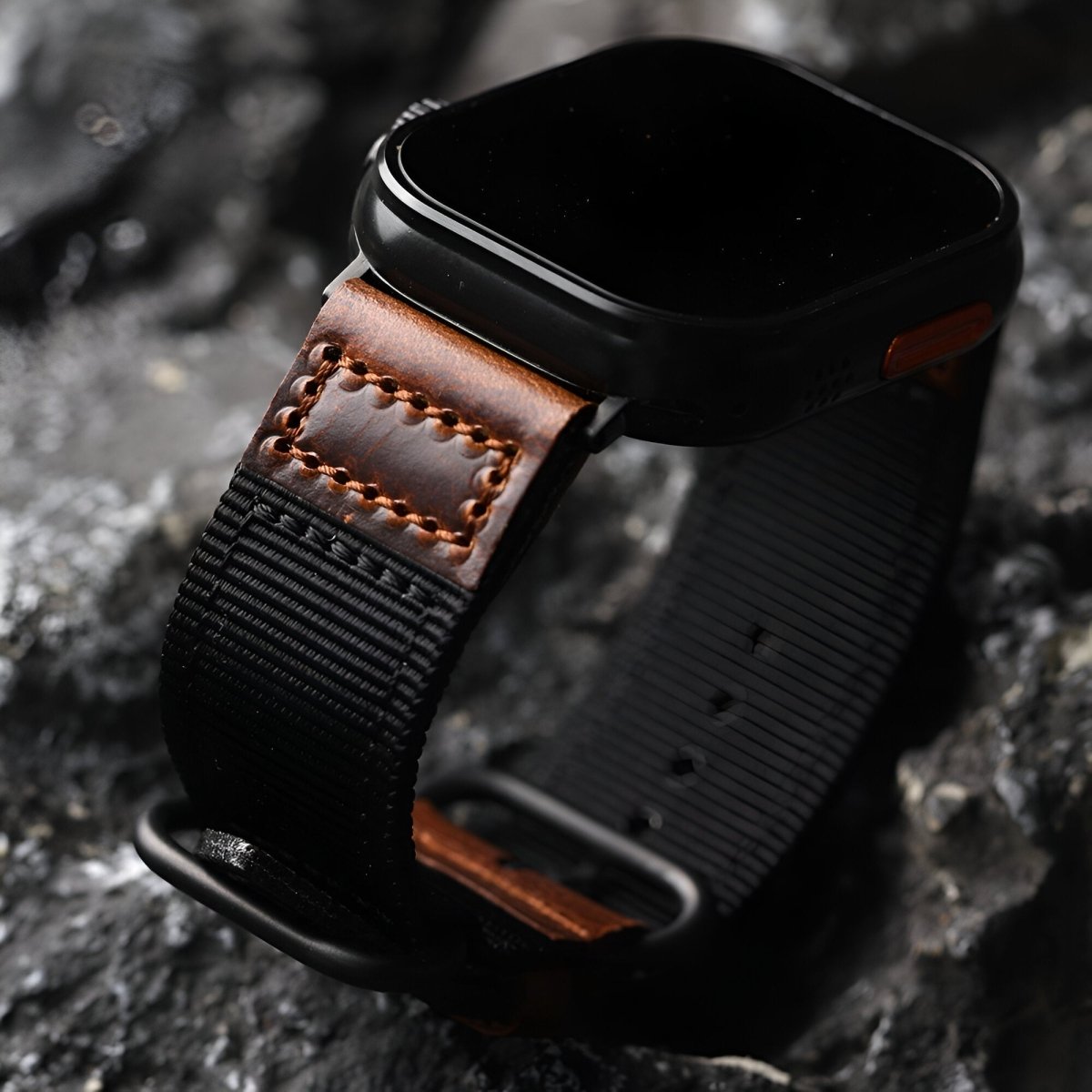 Bracelet pour Apple Watch en cuir, revêtu de nylon, modèle Marceau - Bracelet Apple Watch - Marron et argent 40/41 mm