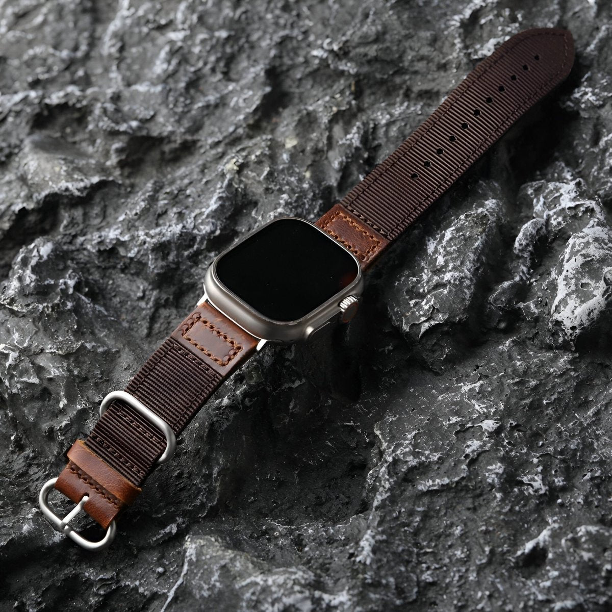 Bracelet pour Apple Watch en cuir, revêtu de nylon, modèle Marceau - Bracelet Apple Watch - Marron et argent 40/41 mm