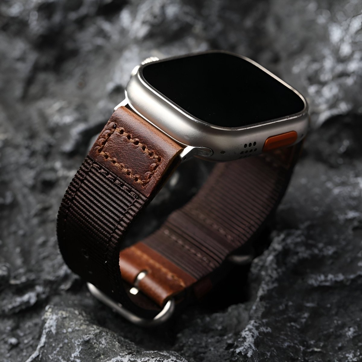 Bracelet pour Apple Watch en cuir, revêtu de nylon, modèle Marceau - Bracelet Apple Watch - Marron et argent 40/41 mm