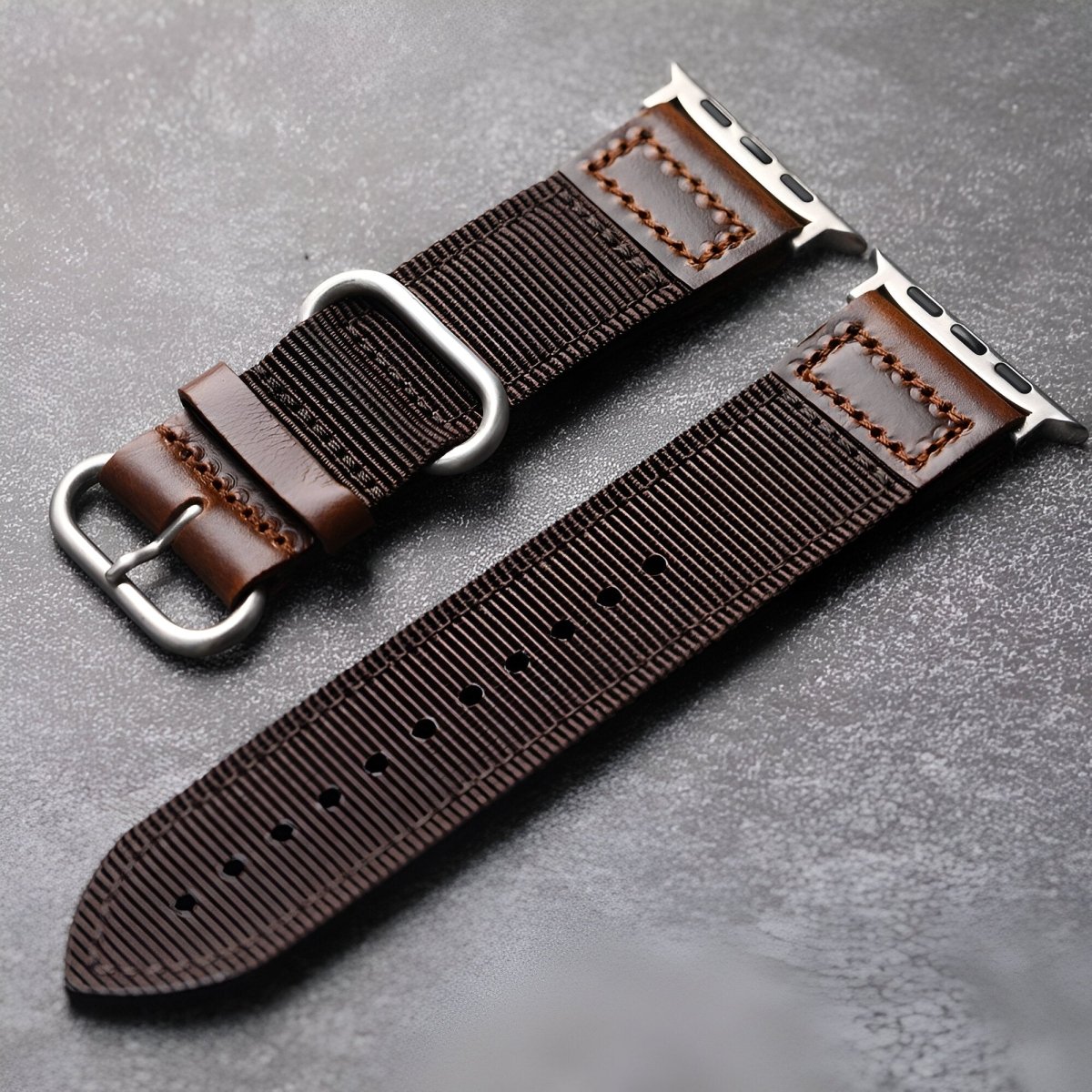 Bracelet pour Apple Watch en cuir, revêtu de nylon, modèle Marceau - Bracelet Apple Watch - Marron et argent 40/41 mm