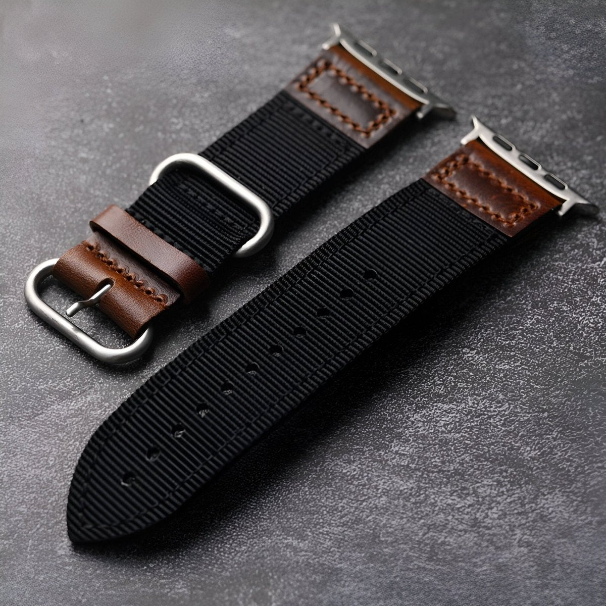 Bracelet pour Apple Watch en cuir, revêtu de nylon, modèle Marceau - Bracelet Apple Watch - Noir et argent 40/41 mm