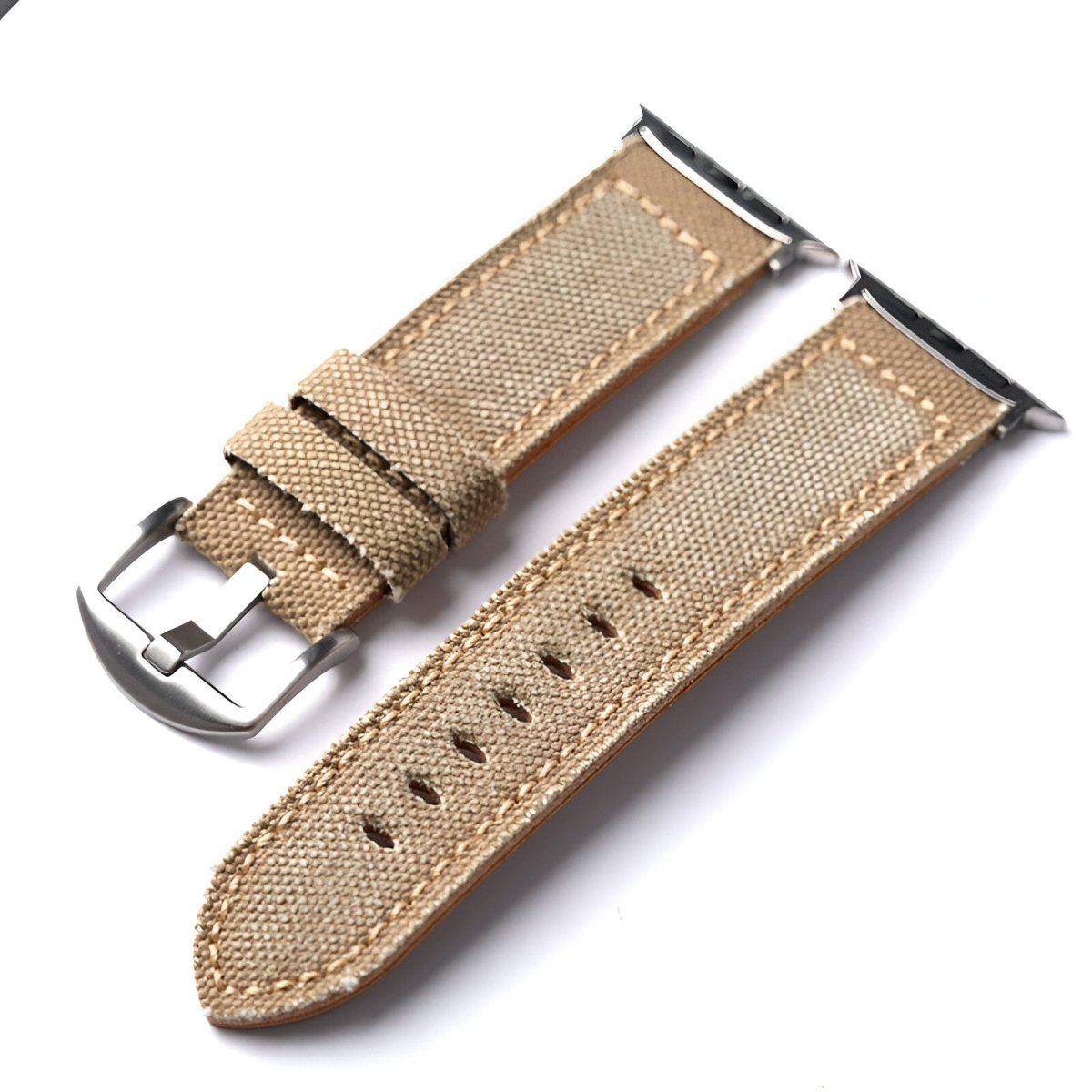 Bracelet pour Apple Watch en cuir, revêtu de toile, modèle Léothéric - Bracelet Apple Watch - Beige et argent 42/44/45 mm