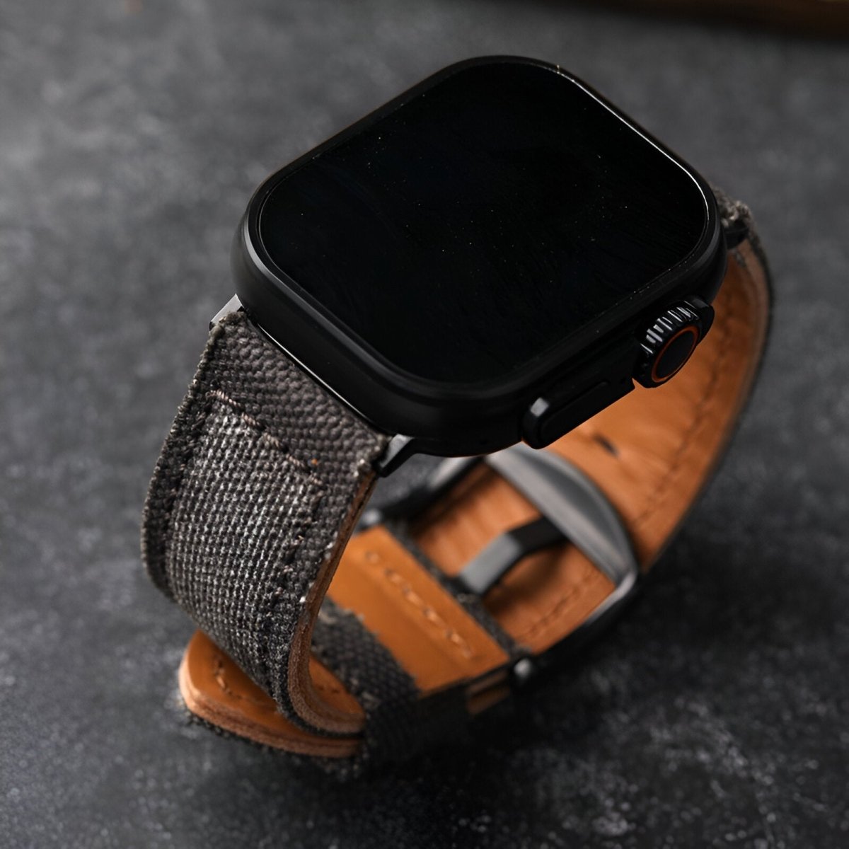 Bracelet pour Apple Watch en cuir, revêtu de toile, modèle Léothéric - Bracelet Apple Watch - Noir et argent 42/44/45 mm