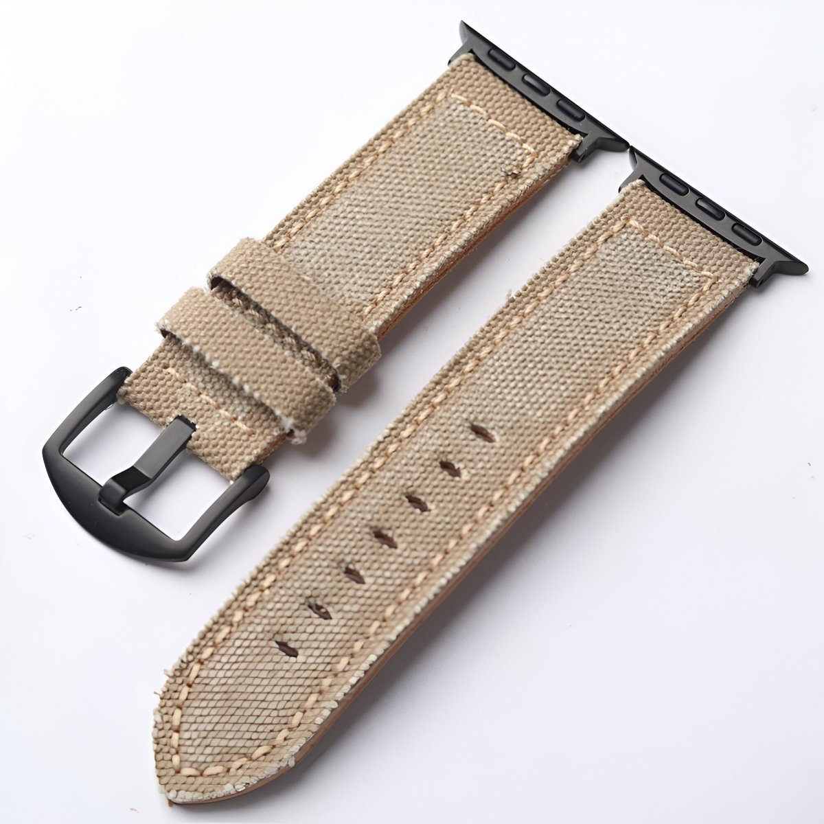 Bracelet pour Apple Watch en cuir, revêtu de toile, modèle Léothéric - Bracelet Apple Watch - Beige et noir 42/44/45 mm