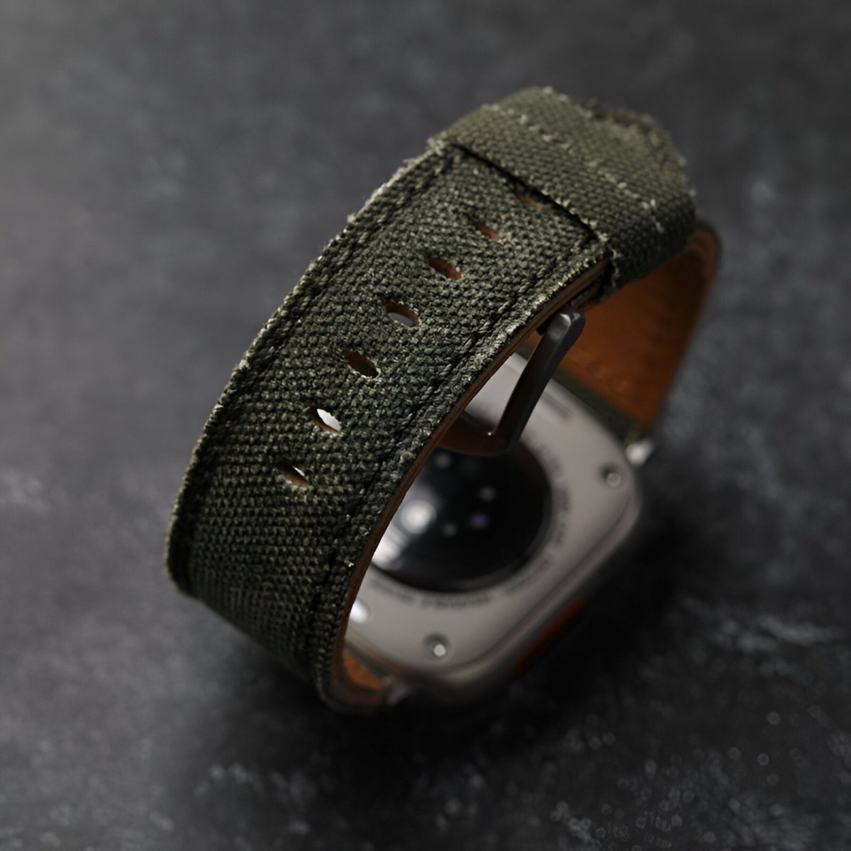 Bracelet pour Apple Watch en cuir, revêtu de toile, modèle Léothéric - Bracelet Apple Watch - Noir et argent 42/44/45 mm