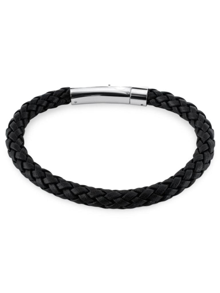 Bracelet pour homme en cuir tressé noir, au style sobre et épuré, simple à habiller, modèle Roméo - Bracelet - Noir et argent S