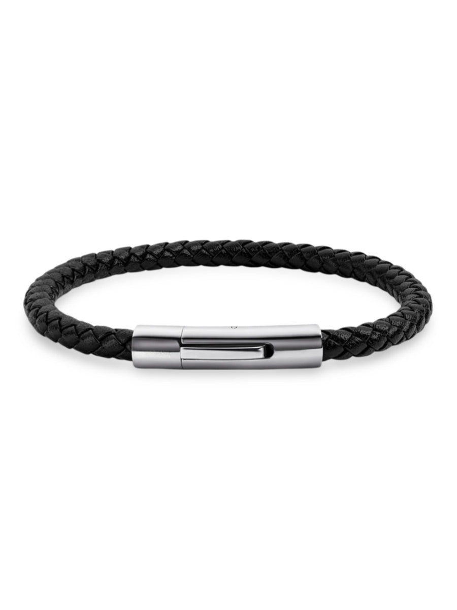 Bracelet pour homme en cuir tressé noir, au style sobre et épuré, simple à habiller, modèle Roméo - Bracelet - Noir et argent S