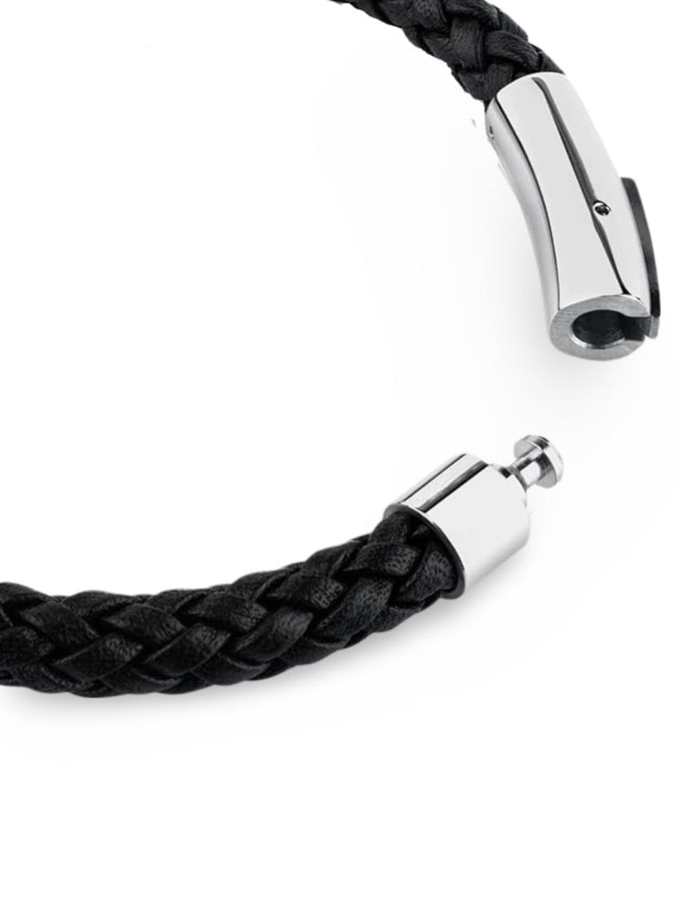 Bracelet pour homme en cuir tressé noir, au style sobre et épuré, simple à habiller, modèle Roméo - Bracelet - Noir et argent S