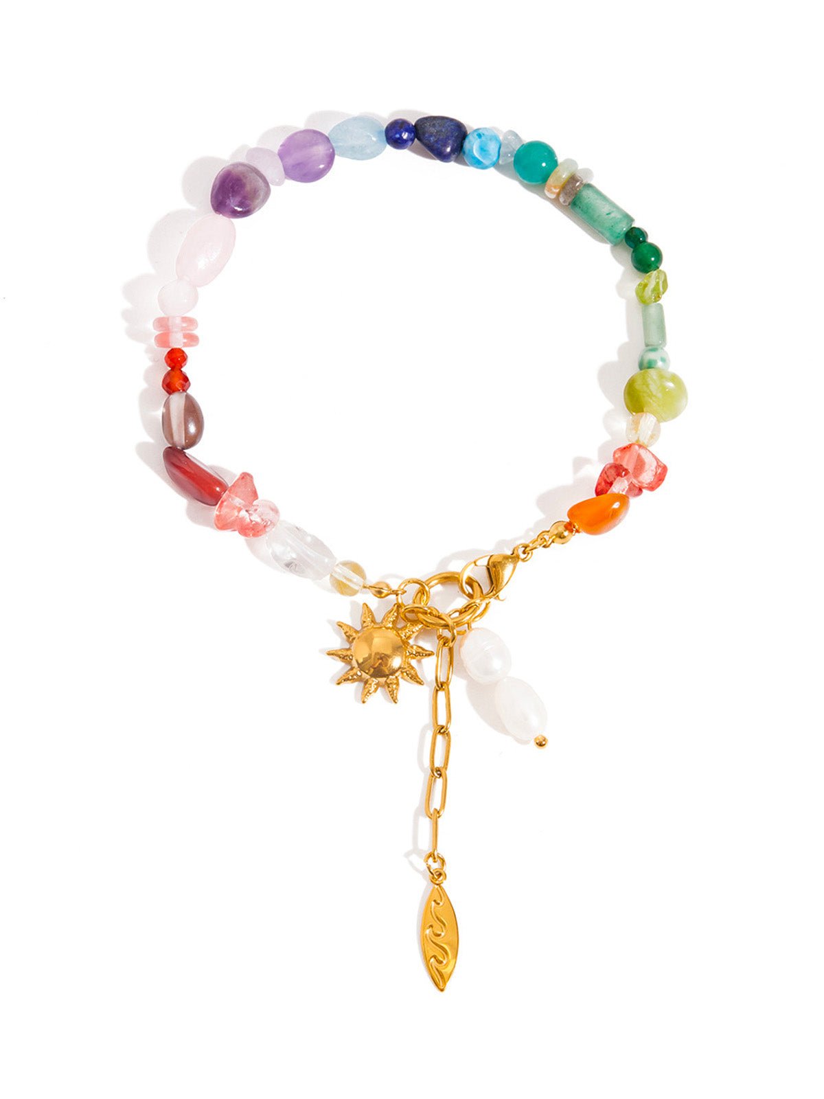 Bracelet soleil doré en acier inoxydable, pierres colorées, perles d'eau douce, chaîne réglable, modèle Nour - Boucles d'oreilles - Multicolore