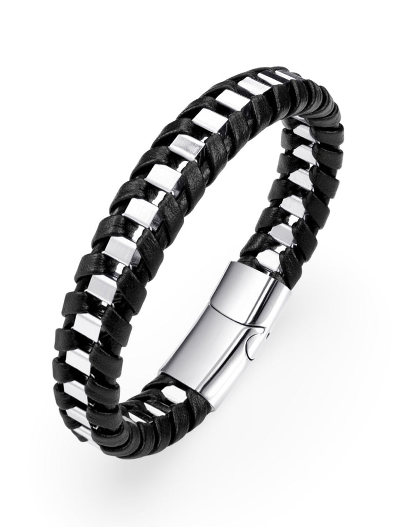 Bracelet tressé en cuir noir, acier inoxydable, fermoir magnétique, style élégant, modèle Arnaud - Bracelet - Noir et argent S