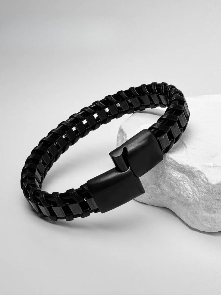 Bracelet tressé en cuir noir, acier inoxydable, fermoir magnétique, style élégant, modèle Arnaud - Bracelet - Noir S