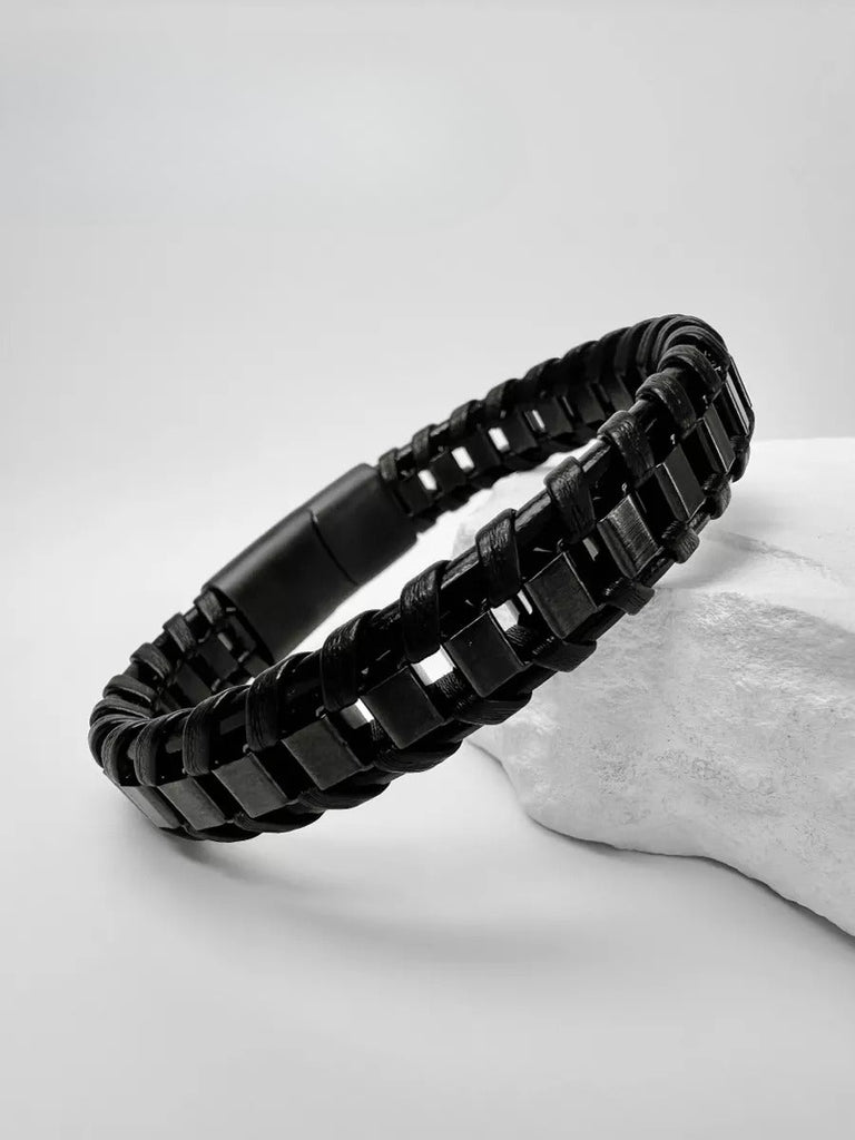 Bracelet tressé en cuir noir, acier inoxydable, fermoir magnétique, style élégant, modèle Arnaud - Bracelet - Noir S