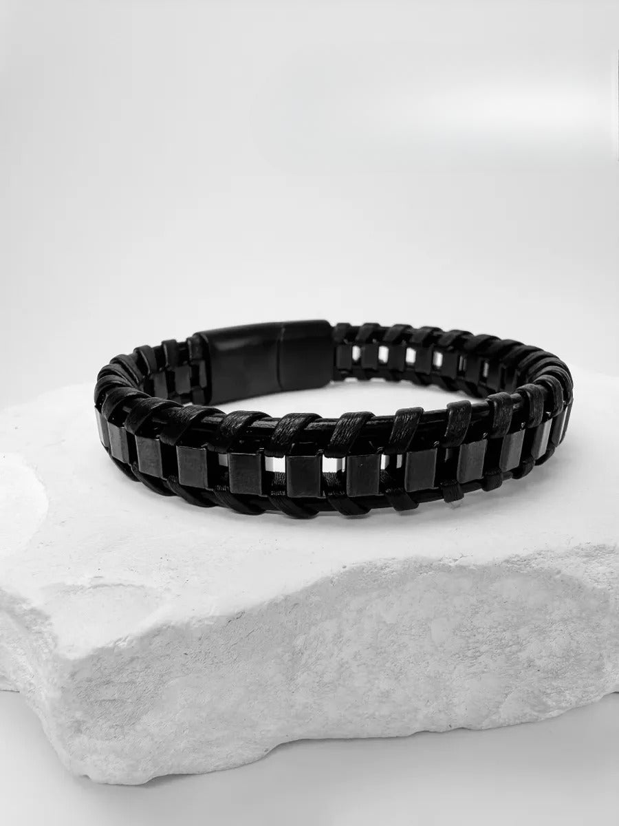 Bracelet tressé en cuir noir, acier inoxydable, fermoir magnétique, style élégant, modèle Arnaud - Bracelet - Noir S