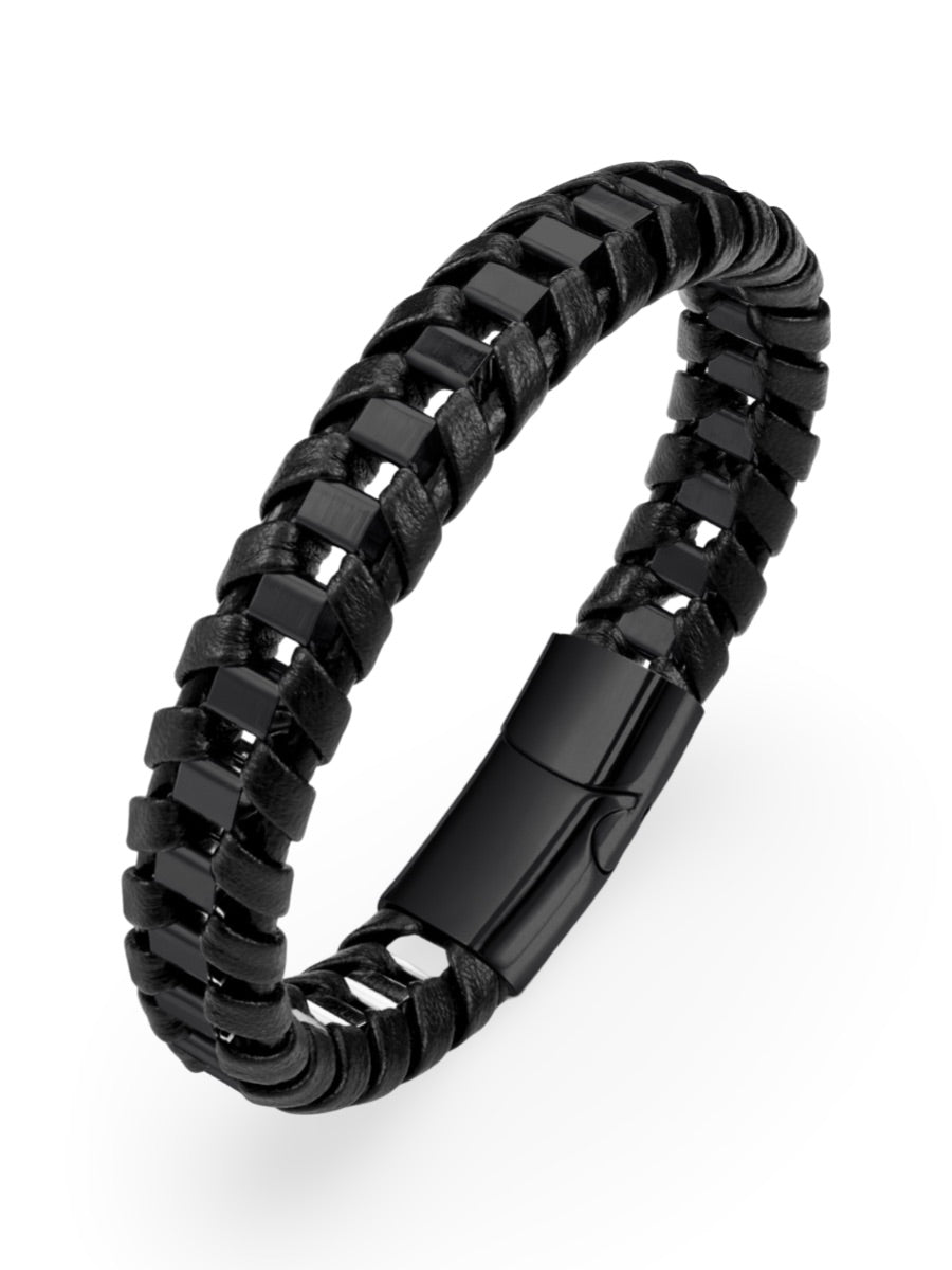 Bracelet tressé en cuir noir, acier inoxydable, fermoir magnétique, style élégant, modèle Arnaud - Bracelet - Noir S