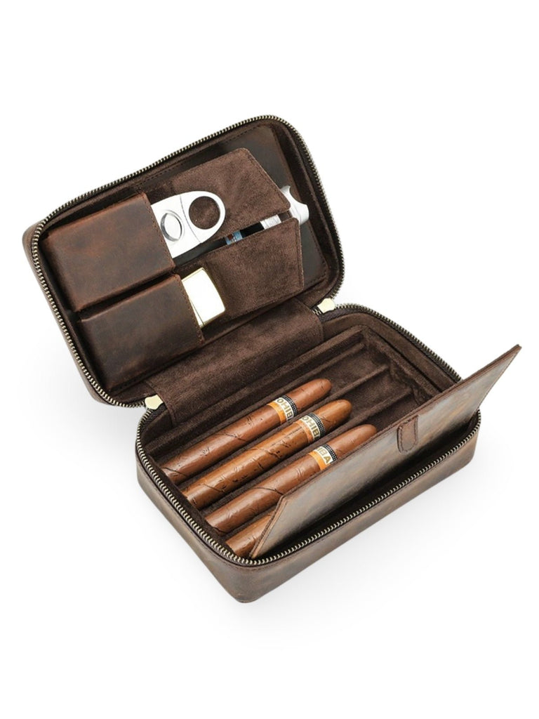 Cave à cigares, en cuir, vintage et adapté au transport, modèle Tiberius - Coffret - Café