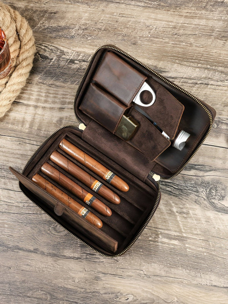 Cave à cigares, en cuir, vintage et adapté au transport, modèle Tiberius - Coffret - Café