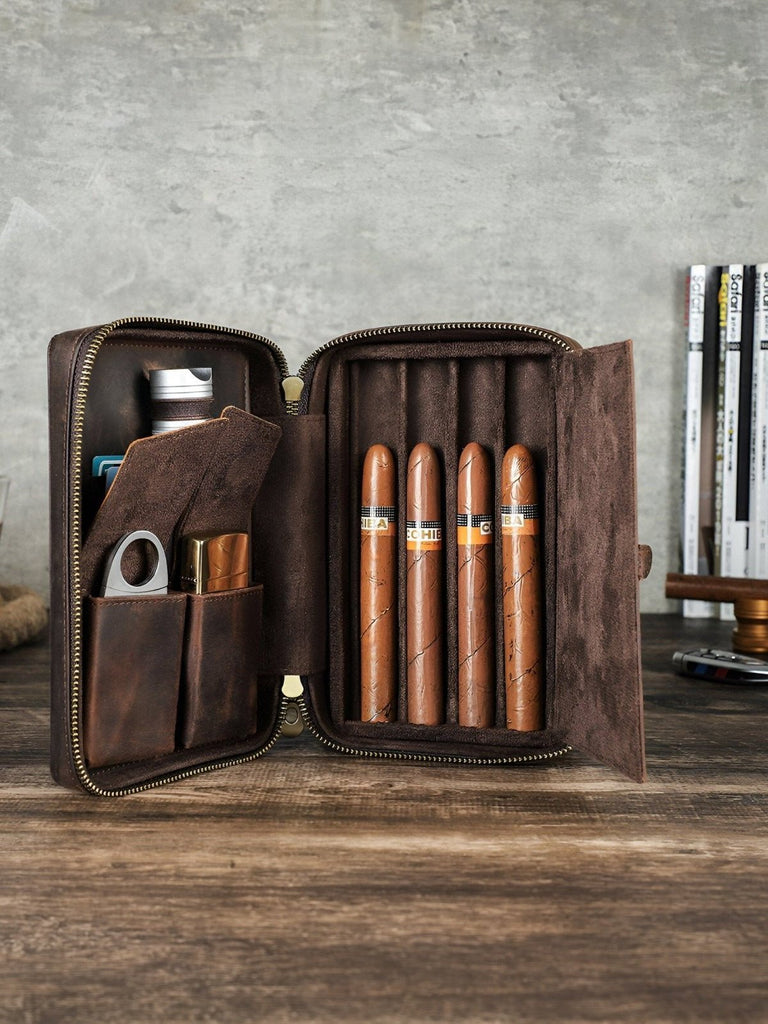 Cave à cigares, en cuir, vintage et adapté au transport, modèle Tiberius - Coffret - Café