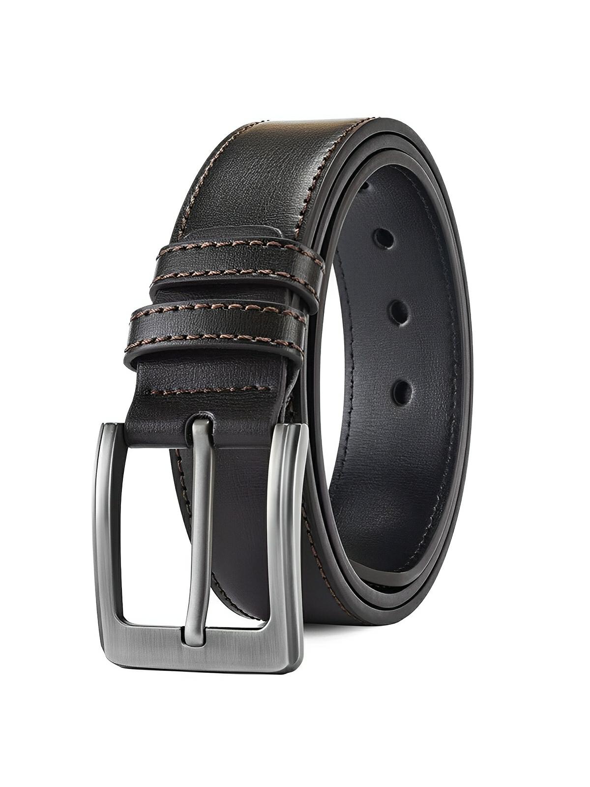 Ceinture homme en cuir, boucle ardillon, style polyvalent, modèle Romuald - Ceinture - Café/Argent S