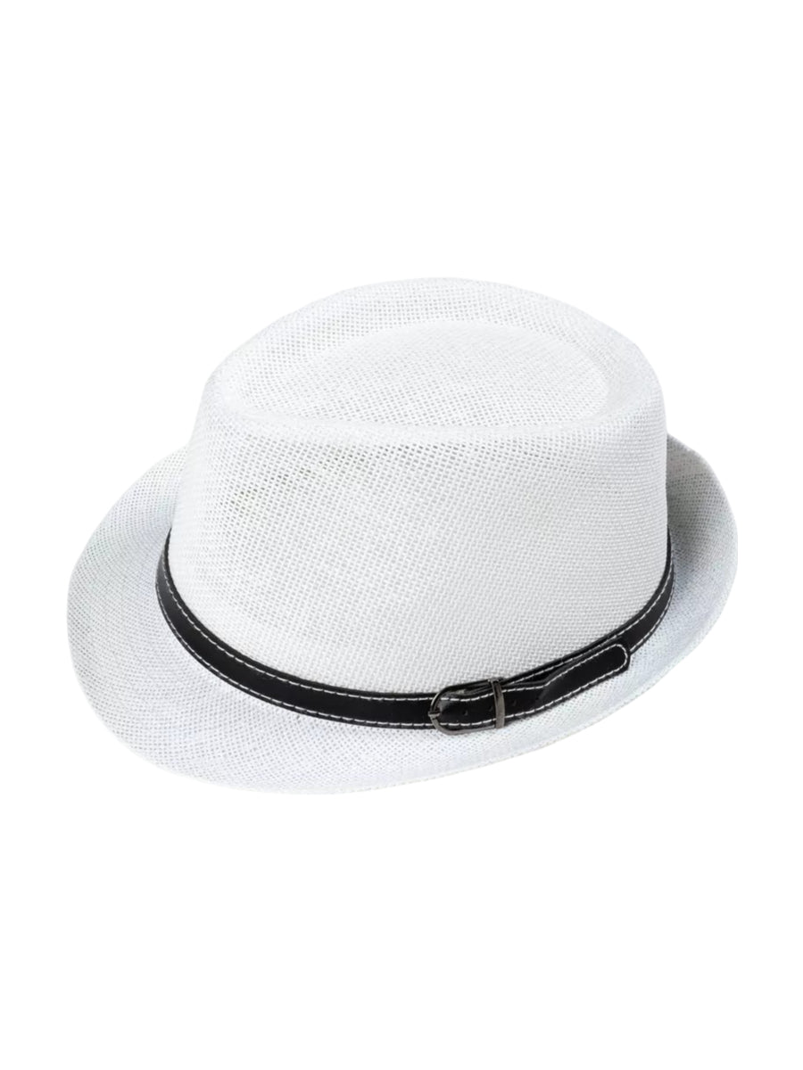 Chapeau de paille été, blanc, style fedora, orné d'une ceinture noire, anti UV respirant, modèle Alberto - Chapeau de paille - Blanc