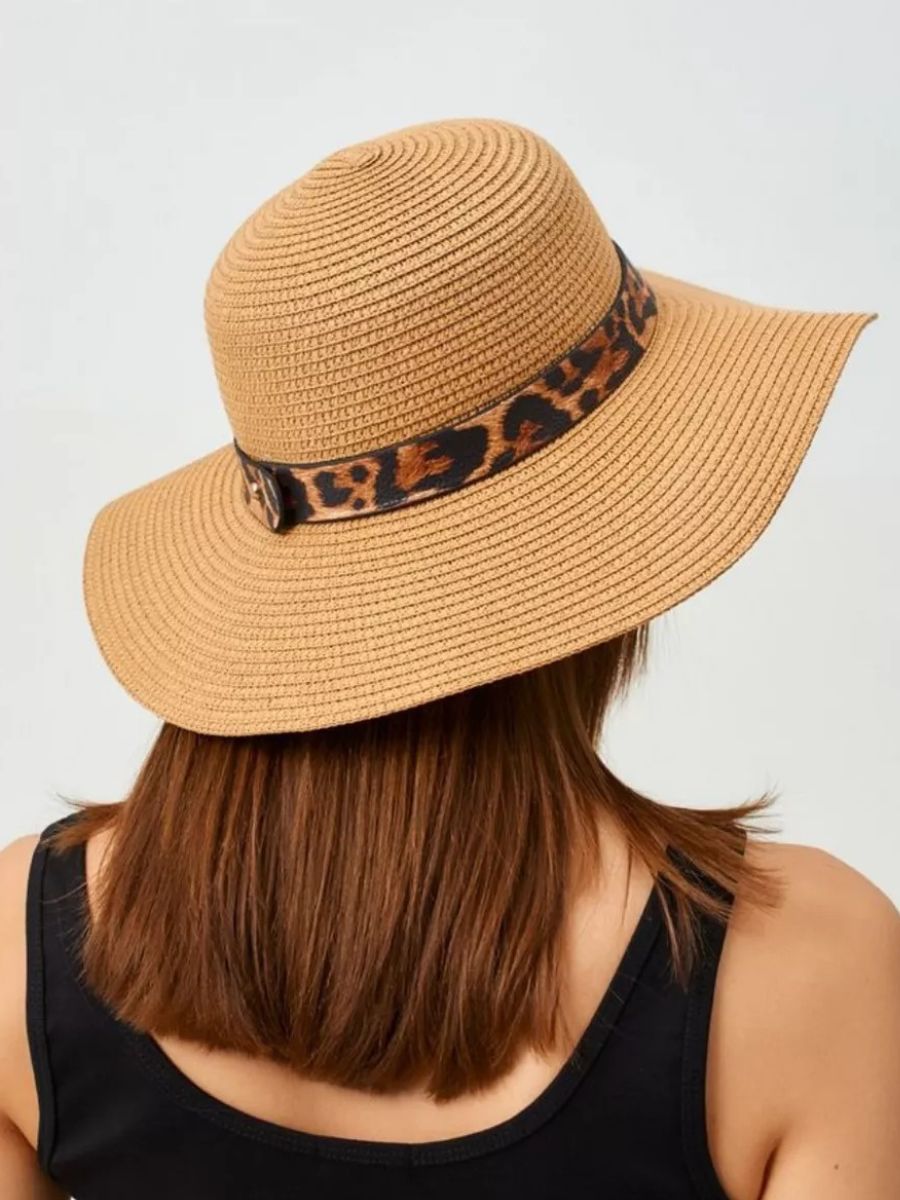 Chapeau de paille femme, bord large, protection solaire, idéal plage et été, bande ruban léopard, modèle Solène - Chapeau de paille - Camel