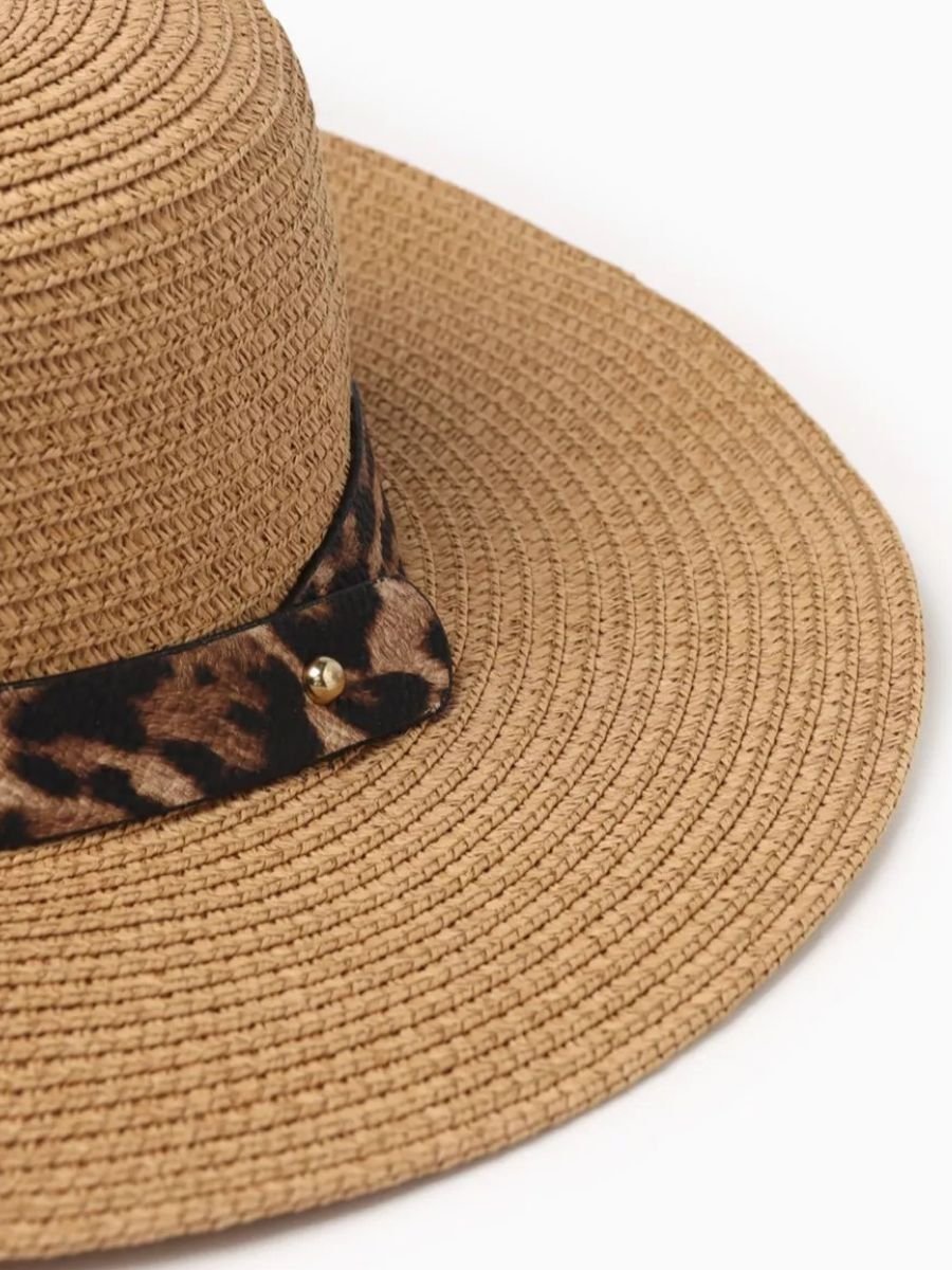 Chapeau de paille femme, bord large, protection solaire, idéal plage et été, bande ruban léopard, modèle Solène - Chapeau de paille - Camel