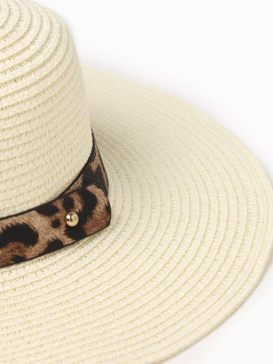 Chapeau de paille femme, bord large, protection solaire, idéal plage et été, bande ruban léopard, modèle Solène - Chapeau de paille - Blanc crème