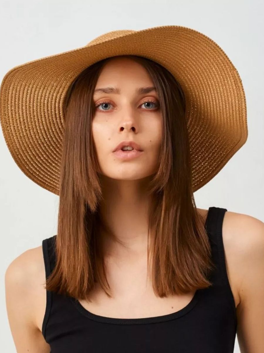 Chapeau de paille femme, bord large, protection solaire, idéal plage et été, bande ruban léopard, modèle Solène - Chapeau de paille - Camel