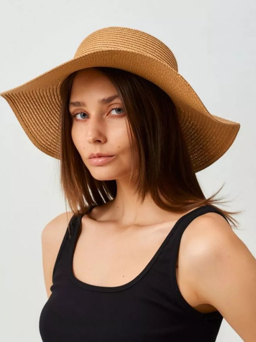 Chapeau de paille femme, bord large, protection solaire, idéal plage et été, bande ruban léopard, modèle Solène - Chapeau de paille - Camel