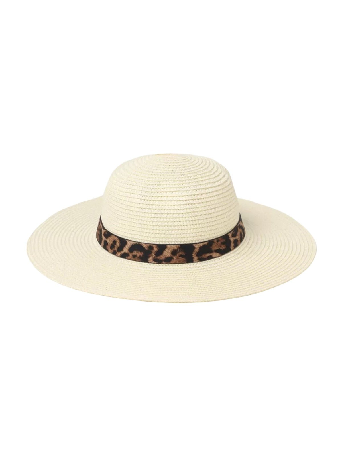 Chapeau de paille femme, bord large, protection solaire, idéal plage et été, bande ruban léopard, modèle Solène - Chapeau de paille - Blanc crème