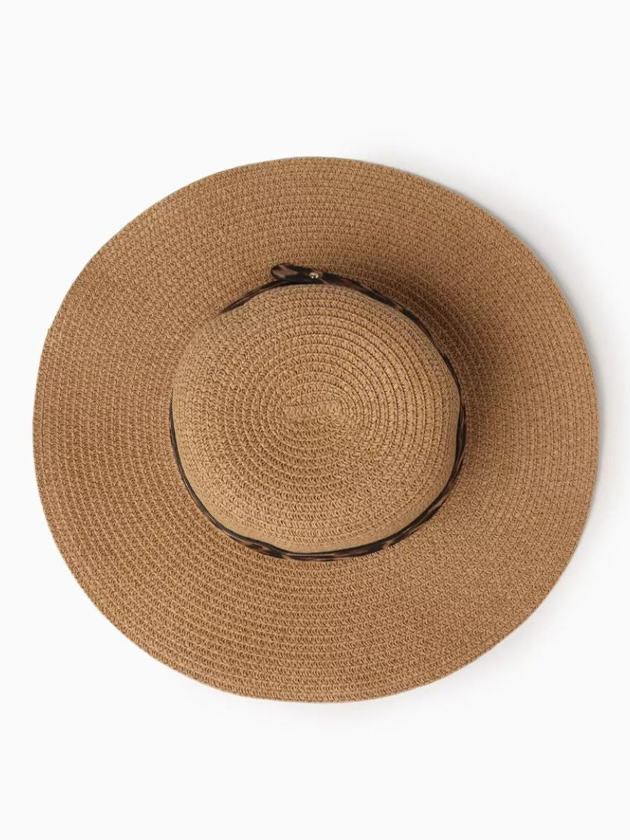 Chapeau de paille femme, bord large, protection solaire, idéal plage et été, bande ruban léopard, modèle Solène - Chapeau de paille - Camel