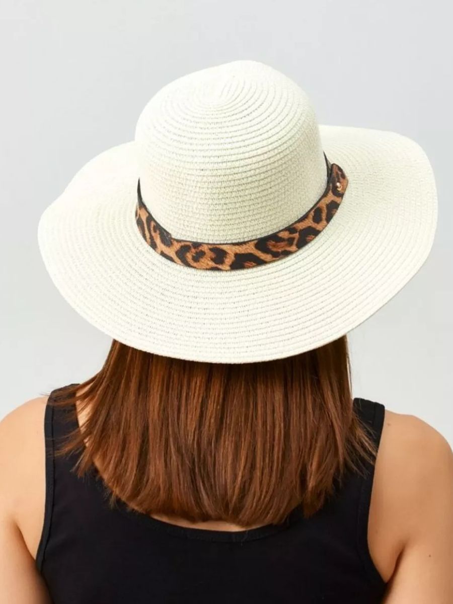 Chapeau de paille femme, bord large, protection solaire, idéal plage et été, bande ruban léopard, modèle Solène - Chapeau de paille - Blanc crème