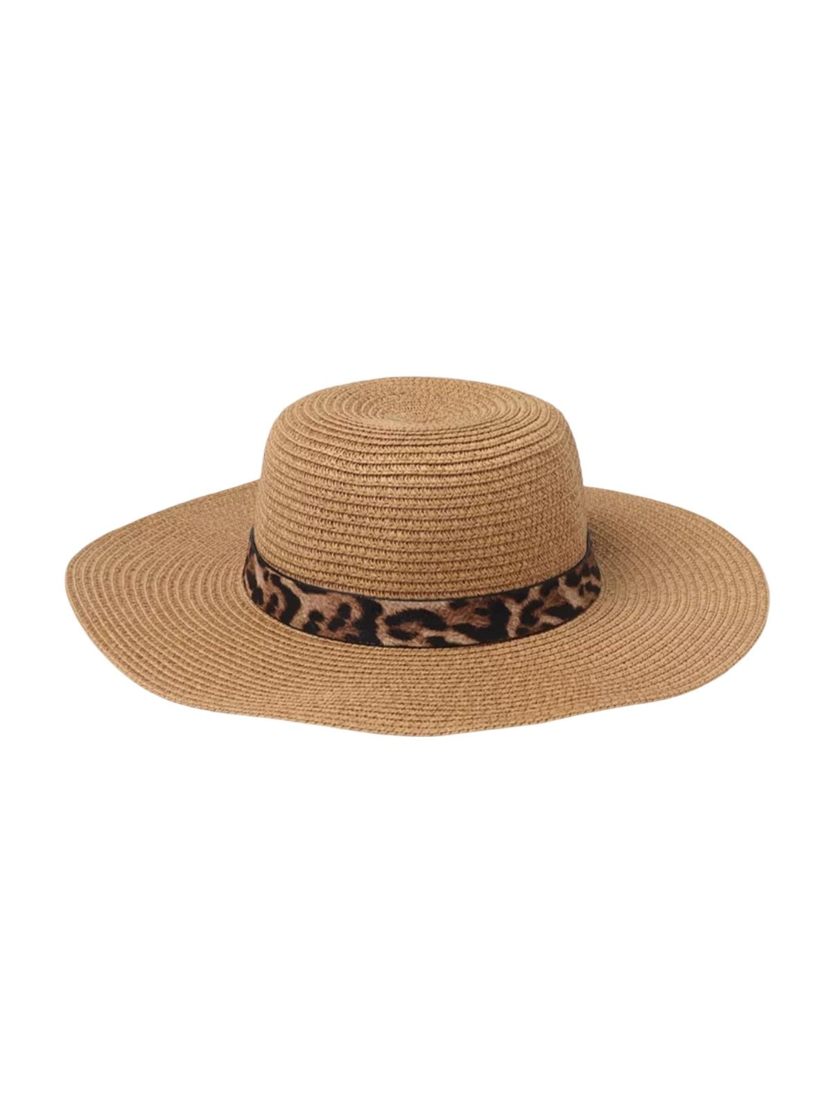 Chapeau de paille femme, bord large, protection solaire, idéal plage et été, bande ruban léopard, modèle Solène - Chapeau de paille - Camel