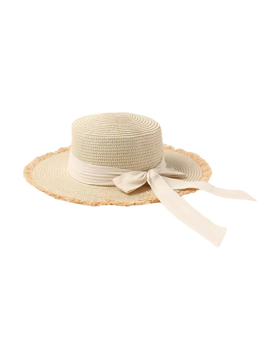 Chapeau de paille femme, capeline large, ruban noué, protection solaire, idéal plage été, modèle Lola - Chapeau de paille - Blanc crème