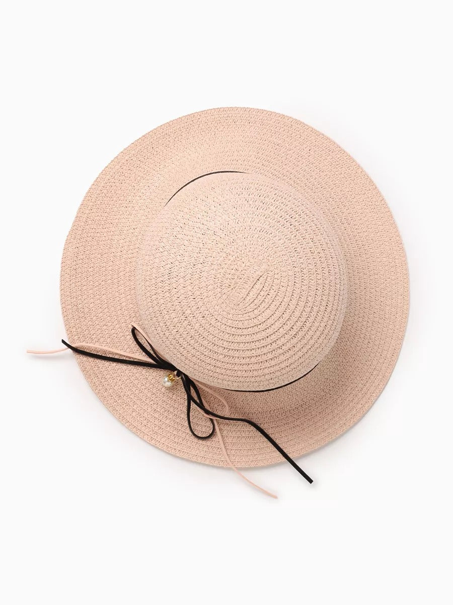 Chapeau de paille femme, large bord, protection solaire, ruban et perle décoratif, idéal pour été et plage, modèle Morgane - Chapeau de paille - Rose