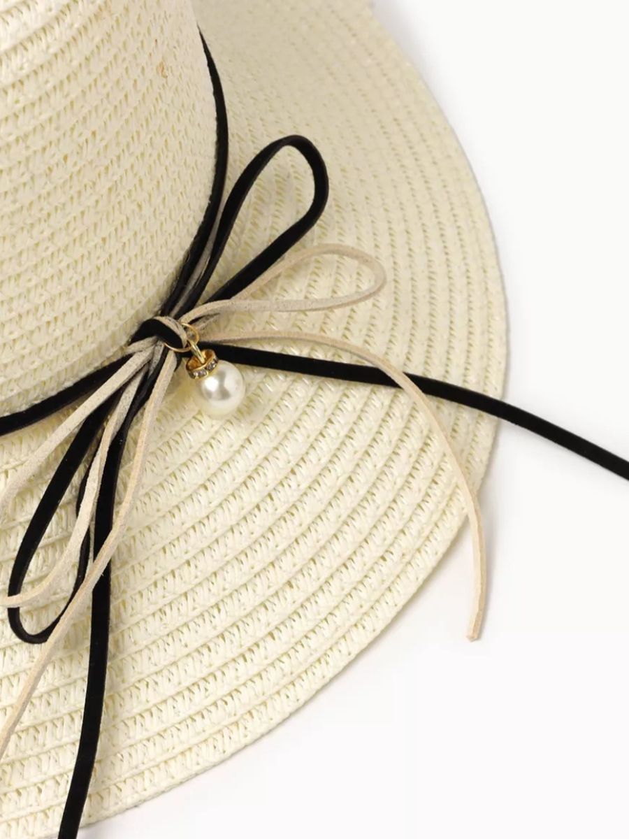 Chapeau de paille femme, large bord, protection solaire, ruban et perle décoratif, idéal pour été et plage, modèle Morgane - Chapeau de paille - Blanc